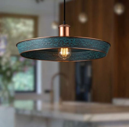 Handmade Blue Patina Brass Pendant Light – Moroccan Wide Saucer Hanging Lamp with Copper Brass Hardware for Kitchen Island, Dining Room & Boho Home Décor