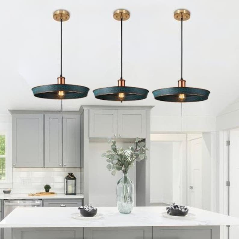 Handmade Blue Patina Brass Pendant Light – Moroccan Wide Saucer Hanging Lamp with Copper Brass Hardware for Kitchen Island, Dining Room & Boho Home Décor
