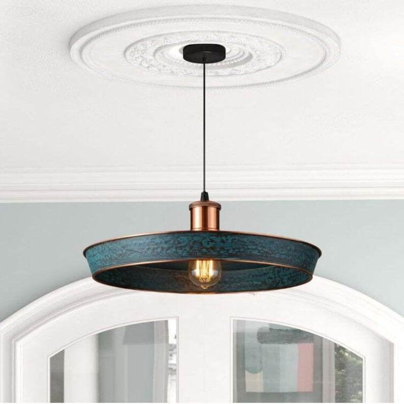 Handmade Blue Patina Brass Pendant Light – Moroccan Wide Saucer Hanging Lamp with Copper Brass Hardware for Kitchen Island, Dining Room & Boho Home Décor