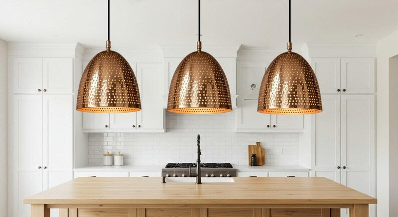 Handmade Perforated Brass Pendant Light – Moroccan Copper Dome Pendant Lamp with Round Cutouts for Kitchen Island, Dining Room & Boho Home Décor