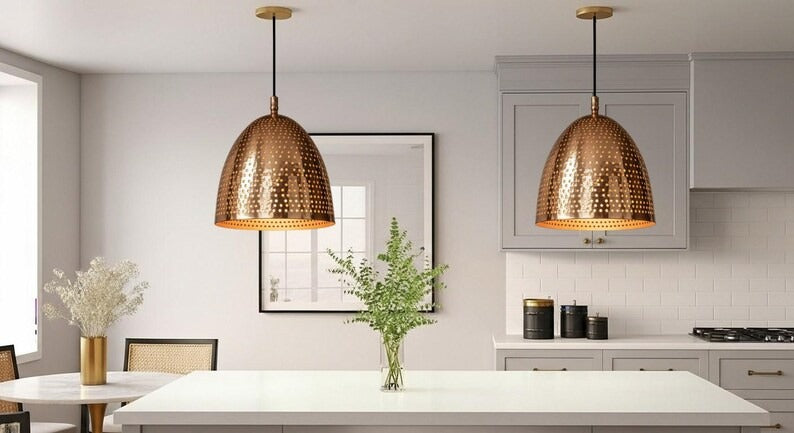 Handmade Perforated Brass Pendant Light – Moroccan Copper Dome Pendant Lamp with Round Cutouts for Kitchen Island, Dining Room & Boho Home Décor