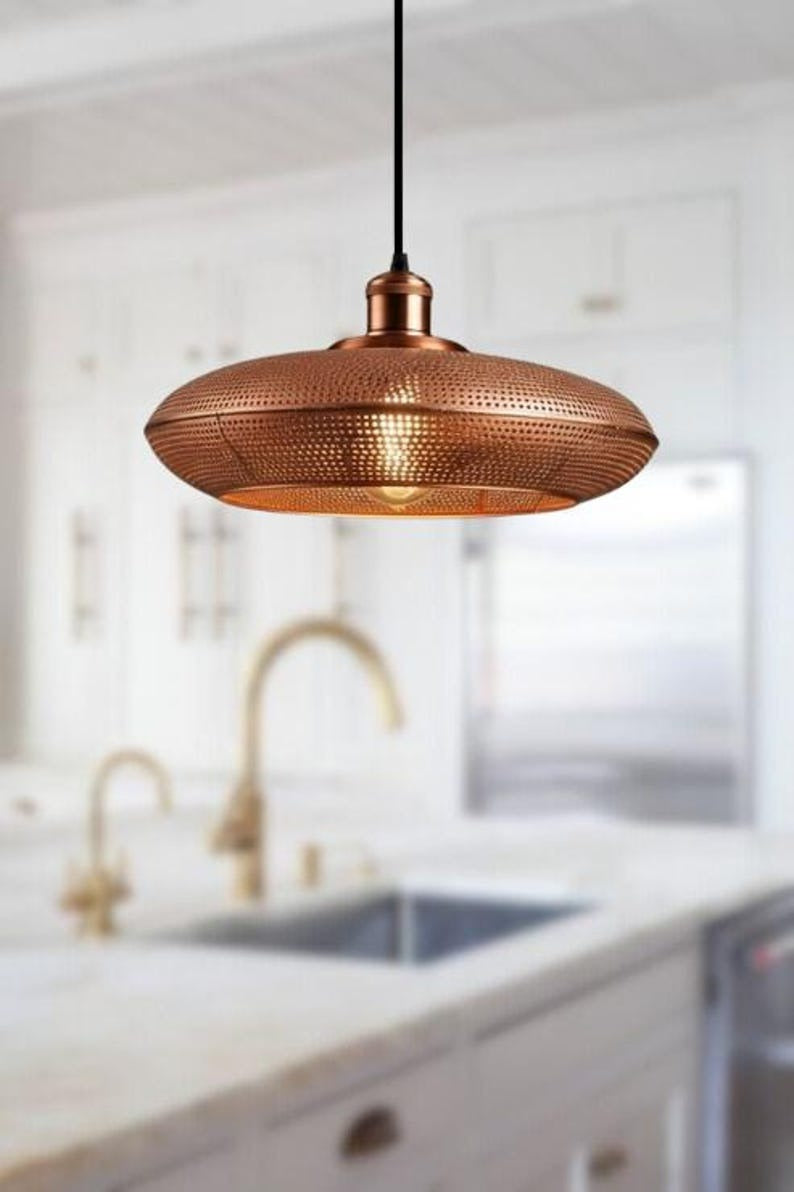 Handmade Perforated Brass Pendant Light – Moroccan Copper Saucer Pendant Lamp for Kitchen Island, Dining Room & Boho Home Décor