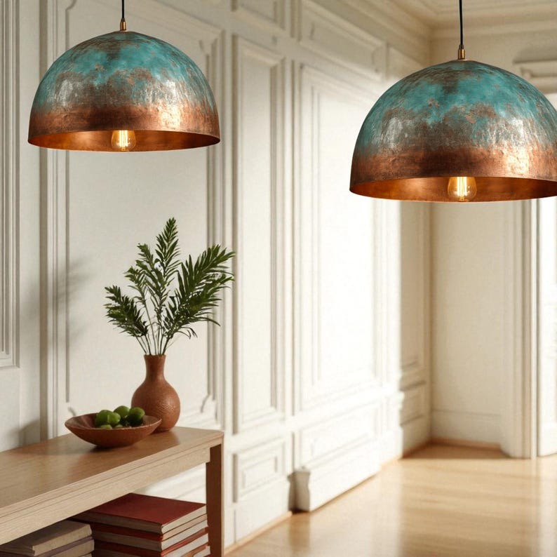 Handmade Hammered Brass Pendant Light with Blue Patina – Moroccan Dome Hanging Lamp for Kitchen Island, Dining Room, Living Room & Boho Home Decor