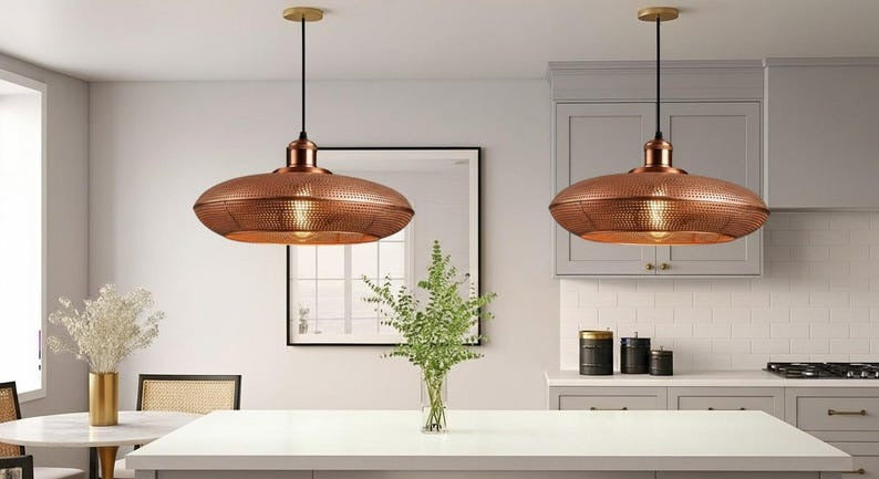 Handmade Perforated Brass Pendant Light – Moroccan Copper Saucer Pendant Lamp for Kitchen Island, Dining Room & Boho Home Décor