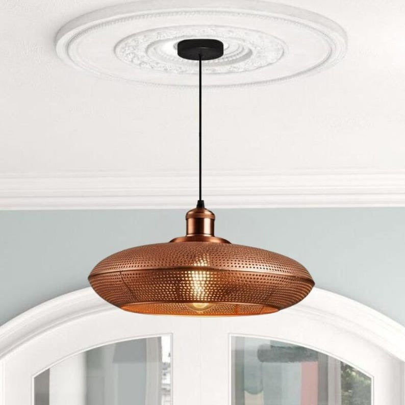 Handmade Perforated Brass Pendant Light – Moroccan Copper Saucer Pendant Lamp for Kitchen Island, Dining Room & Boho Home Décor