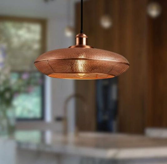 Handmade Perforated Brass Pendant Light – Moroccan Copper Saucer Pendant Lamp for Kitchen Island, Dining Room & Boho Home Décor