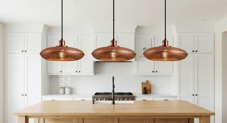 Handmade Perforated Brass Pendant Light – Moroccan Copper Saucer Pendant Lamp for Kitchen Island, Dining Room & Boho Home Décor