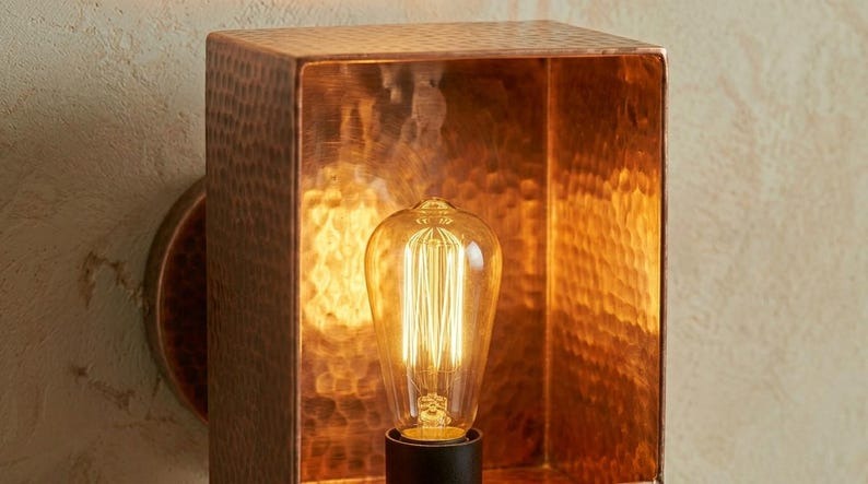 Handmade Brass Wall Sconce – Copper Hammered Brass Box Wall Light, Moroccan Rustic Industrial Wall Lamp with Warm Brass Interior