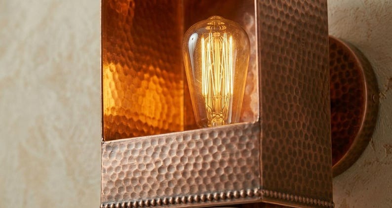 Handmade Brass Wall Sconce – Copper Hammered Brass Box Wall Light, Moroccan Rustic Industrial Wall Lamp with Warm Brass Interior