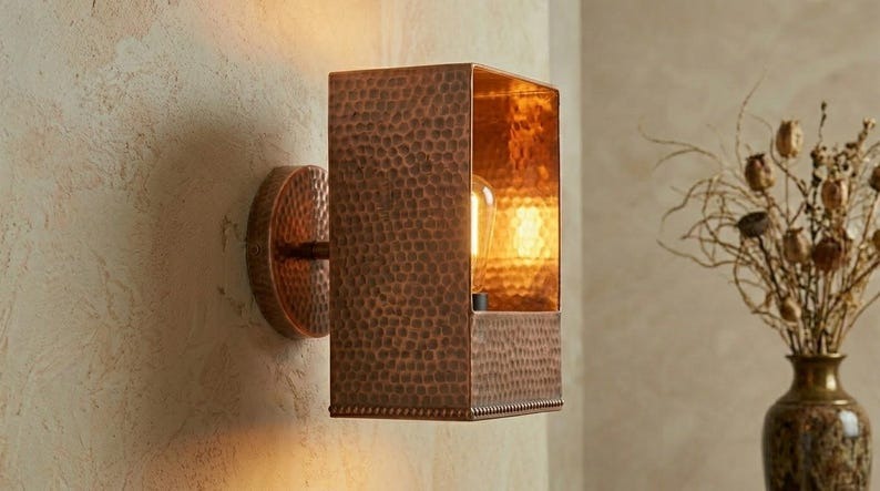 Handmade Brass Wall Sconce – Copper Hammered Brass Box Wall Light, Moroccan Rustic Industrial Wall Lamp with Warm Brass Interior