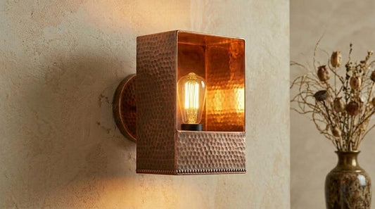 Handmade Brass Wall Sconce – Copper Hammered Brass Box Wall Light, Moroccan Rustic Industrial Wall Lamp with Warm Brass Interior