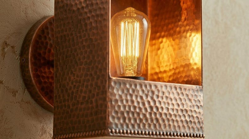 Handmade Brass Wall Sconce – Copper Hammered Brass Box Wall Light, Moroccan Rustic Industrial Wall Lamp with Warm Brass Interior