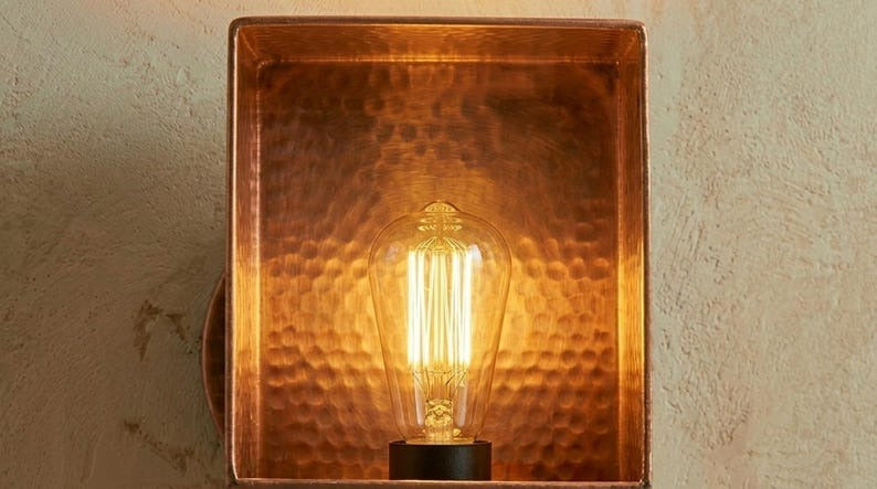 Handmade Brass Wall Sconce – Copper Hammered Brass Box Wall Light, Moroccan Rustic Industrial Wall Lamp with Warm Brass Interior