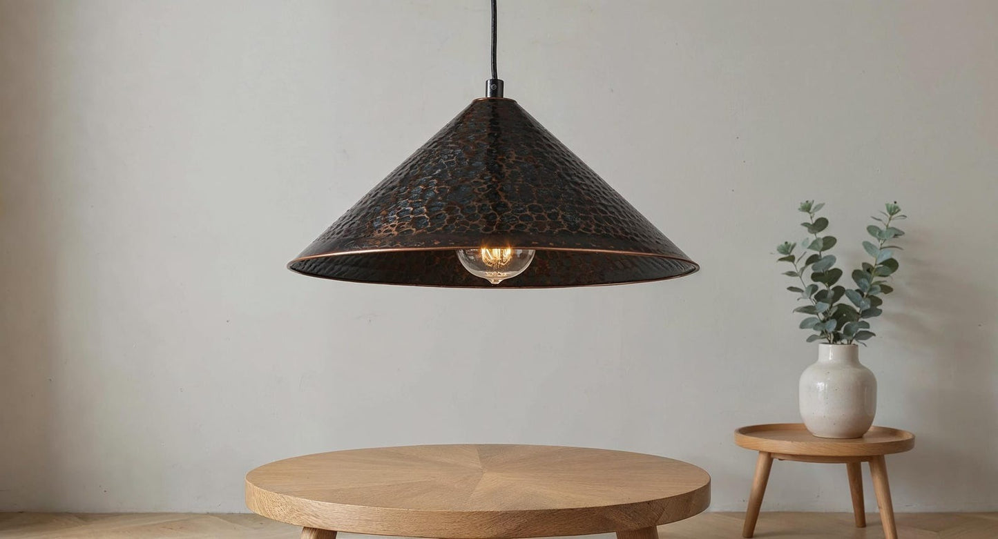 Dark Hammered Copper Cone Pendant Light, Handmade Moroccan Blackened Copper Chandelier, Rustic Kitchen Island Hanging Lamp, Industrial Boho Farmhouse Ceiling Light Fixture