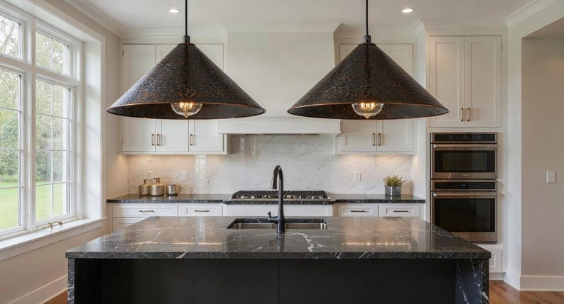 Dark Hammered Copper Cone Pendant Light, Handmade Moroccan Blackened Copper Chandelier, Rustic Kitchen Island Hanging Lamp, Industrial Boho Farmhouse Ceiling Light Fixture
