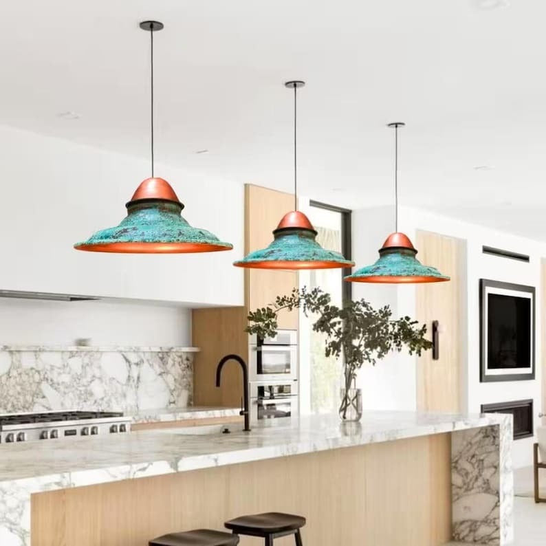 Handmade Moroccan Brass Pendant Light – Verdigris Patina Industrial Dome Ceiling Lamp, Aged Copper Brass Hanging Light for Kitchen Island & Dining Room