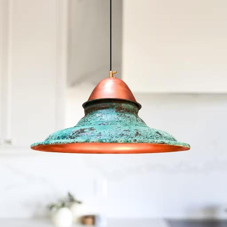 Handmade Moroccan Brass Pendant Light – Verdigris Patina Industrial Dome Ceiling Lamp, Aged Copper Brass Hanging Light for Kitchen Island & Dining Room