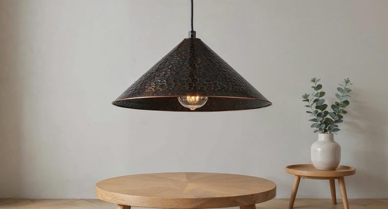 Dark Hammered Copper Cone Pendant Light, Handmade Moroccan Blackened Copper Chandelier, Rustic Kitchen Island Hanging Lamp, Industrial Boho Farmhouse Ceiling Light Fixture