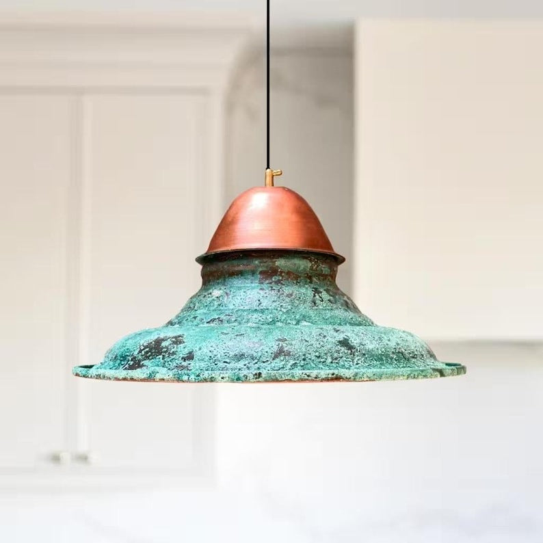 Handmade Moroccan Brass Pendant Light – Verdigris Patina Industrial Dome Ceiling Lamp, Aged Copper Brass Hanging Light for Kitchen Island & Dining Room