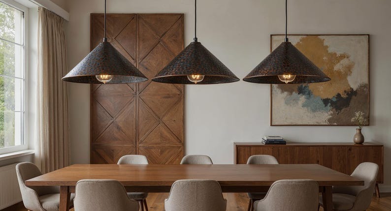 Dark Hammered Copper Cone Pendant Light, Handmade Moroccan Blackened Copper Chandelier, Rustic Kitchen Island Hanging Lamp, Industrial Boho Farmhouse Ceiling Light Fixture