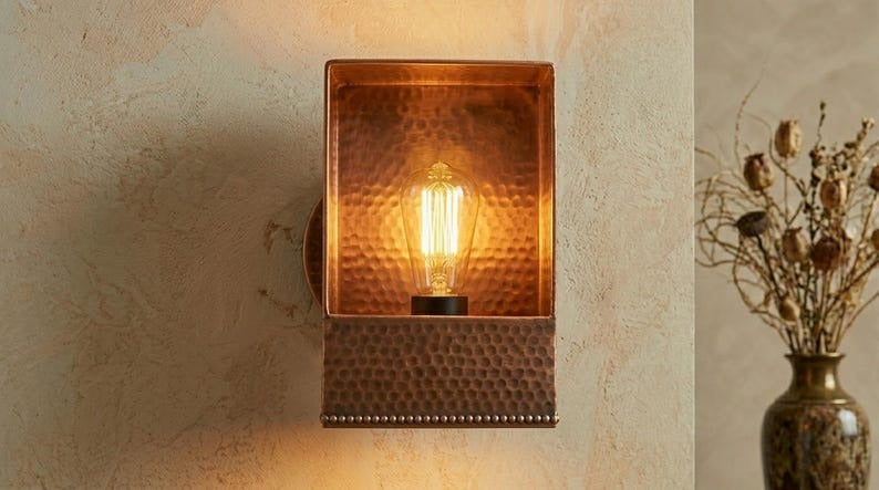 Handmade Brass Wall Sconce – Copper Hammered Brass Box Wall Light, Moroccan Rustic Industrial Wall Lamp with Warm Brass Interior