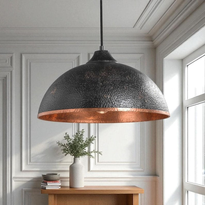 Moroccan Brass Black Hammered Dome Pendant Light, Handmade Brass Copper Interior Hanging Lamp, Rustic Boho Kitchen Island Chandelier, Modern Farmhouse Ceiling Light Fixture
