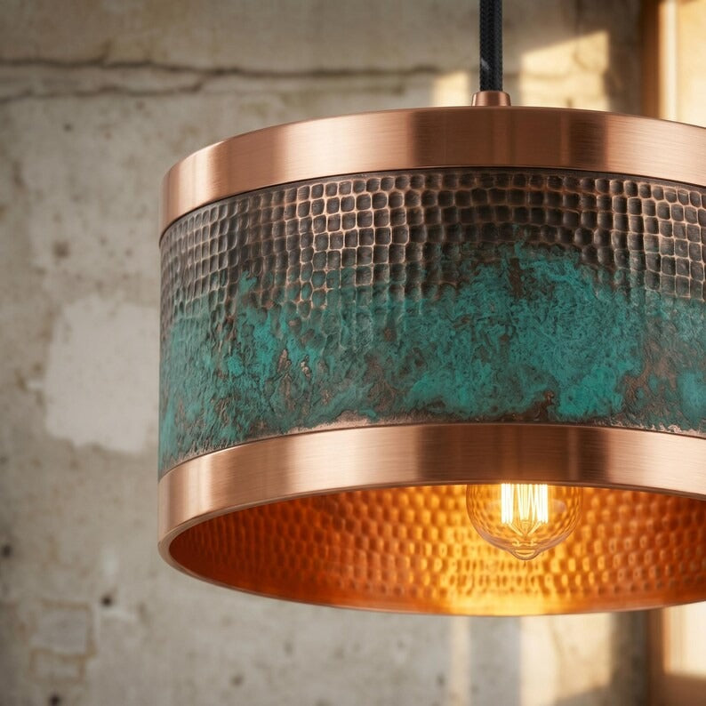 Handmade Moroccan Brass Drum Pendant Light – Hammered Copper and Turquoise Verdigris Hanging Lamp with Warm Brass Interior for Kitchen Island, Dining Room & Living Room