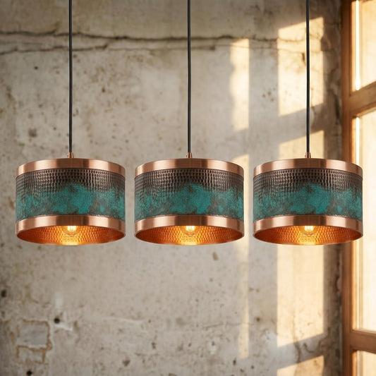 Set of 3 Handmade Moroccan Brass Drum Pendant Lights – Hammered Copper and Turquoise Verdigris Hanging Lamps with Warm Brass Interiors for Kitchen Island & Dining Room