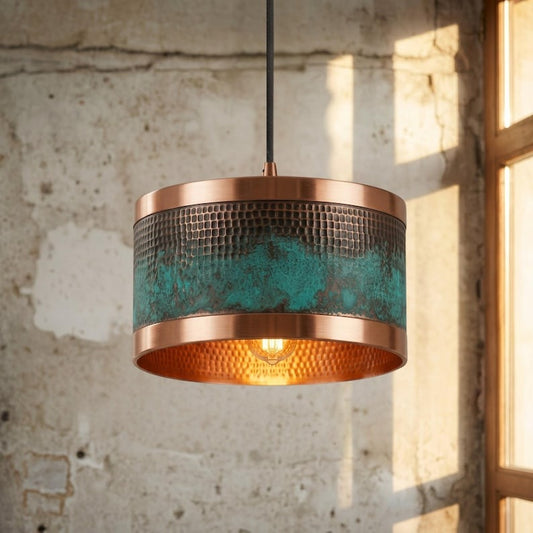 Handmade Moroccan Brass Drum Pendant Light – Hammered Copper and Turquoise Verdigris Hanging Lamp with Warm Brass Interior for Kitchen Island, Dining Room & Living Room