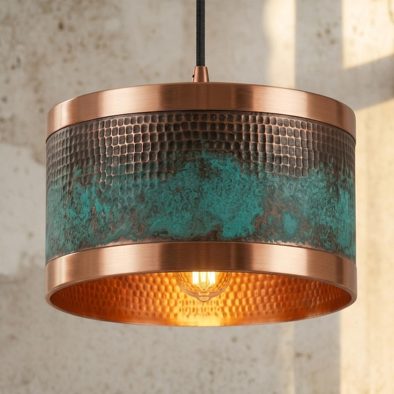 Handmade Moroccan Brass Drum Pendant Light – Hammered Copper and Turquoise Verdigris Hanging Lamp with Warm Brass Interior for Kitchen Island, Dining Room & Living Room