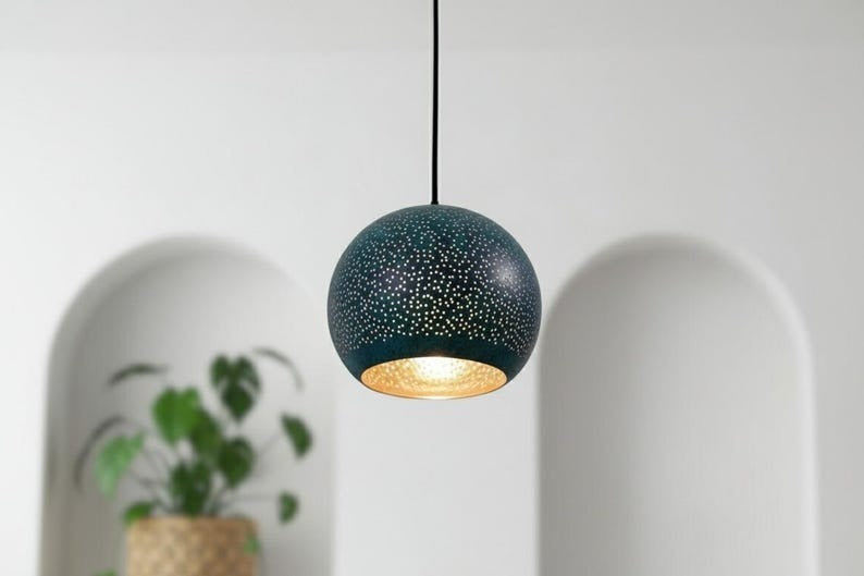 Handmade Moroccan Brass Dome Pendant Light – Perforated Dark Blue Brass Hanging Lamp with Gold Interior, Boho Starry Ceiling Light for Kitchen Island, Dining Room, Bedroom, Entryway & Living Room