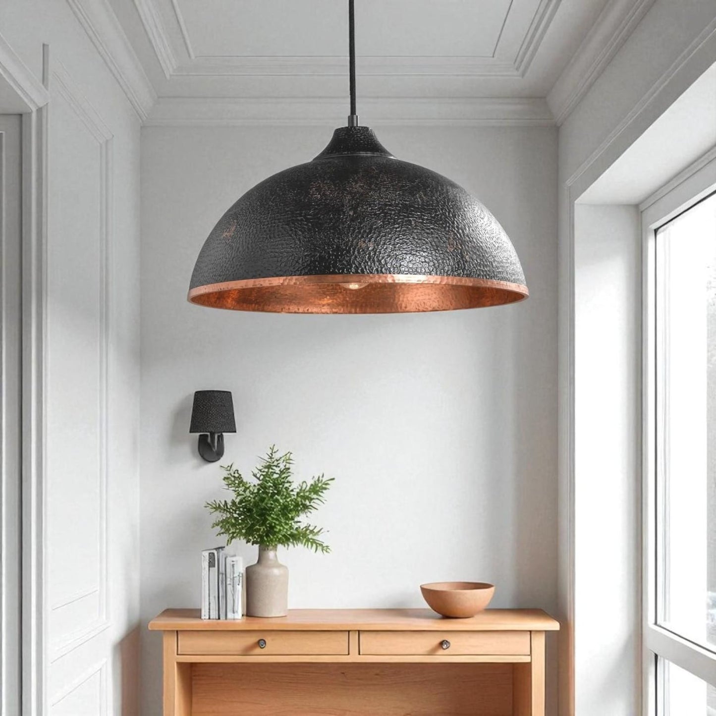 Moroccan Brass Black Hammered Dome Pendant Light, Handmade Brass Copper Interior Hanging Lamp, Rustic Boho Kitchen Island Chandelier, Modern Farmhouse Ceiling Light Fixture
