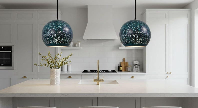 Handmade Moroccan Brass Dome Pendant Light – Perforated Dark Blue Brass Hanging Lamp with Gold Interior, Boho Starry Ceiling Light for Kitchen Island, Dining Room, Bedroom, Entryway & Living Room