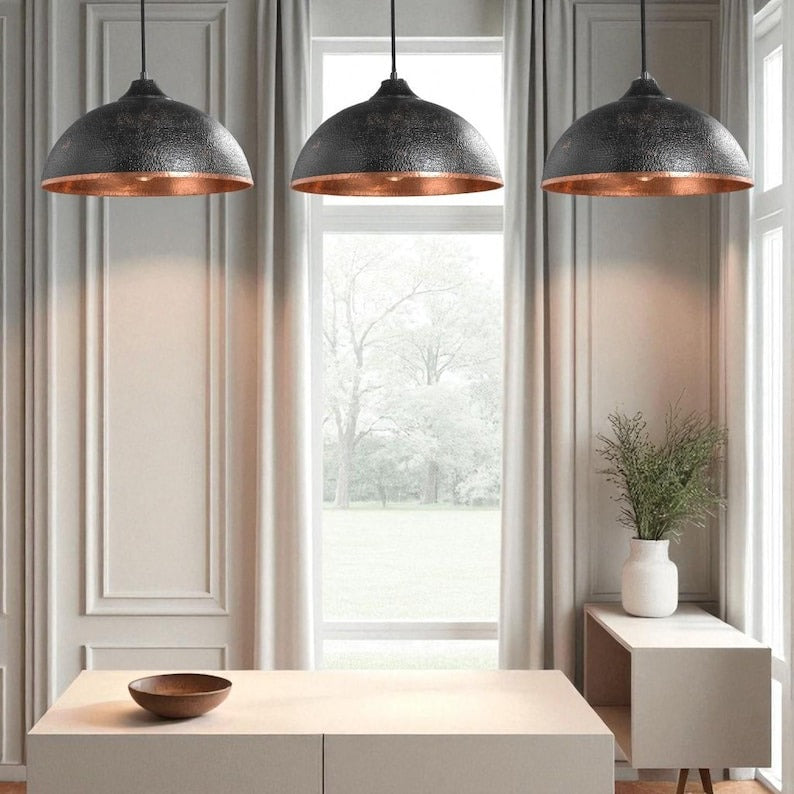 Moroccan Brass Black Hammered Dome Pendant Light, Handmade Brass Copper Interior Hanging Lamp, Rustic Boho Kitchen Island Chandelier, Modern Farmhouse Ceiling Light Fixture