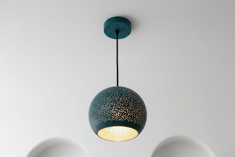 Handmade Moroccan Brass Dome Pendant Light – Perforated Dark Blue Brass Hanging Lamp with Gold Interior, Boho Starry Ceiling Light for Kitchen Island, Dining Room, Bedroom, Entryway & Living Room