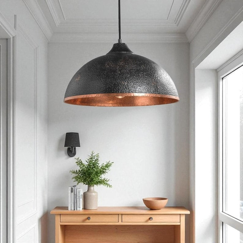 Moroccan Brass Black Hammered Dome Pendant Light, Handmade Brass Copper Interior Hanging Lamp, Rustic Boho Kitchen Island Chandelier, Modern Farmhouse Ceiling Light Fixture