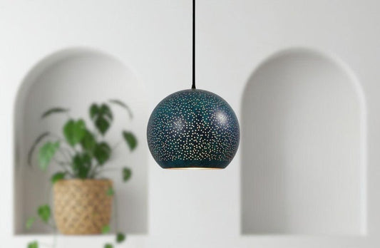Handmade Moroccan Brass Dome Pendant Light – Perforated Dark Blue Brass Hanging Lamp with Gold Interior, Boho Starry Ceiling Light for Kitchen Island, Dining Room, Bedroom, Entryway & Living Room