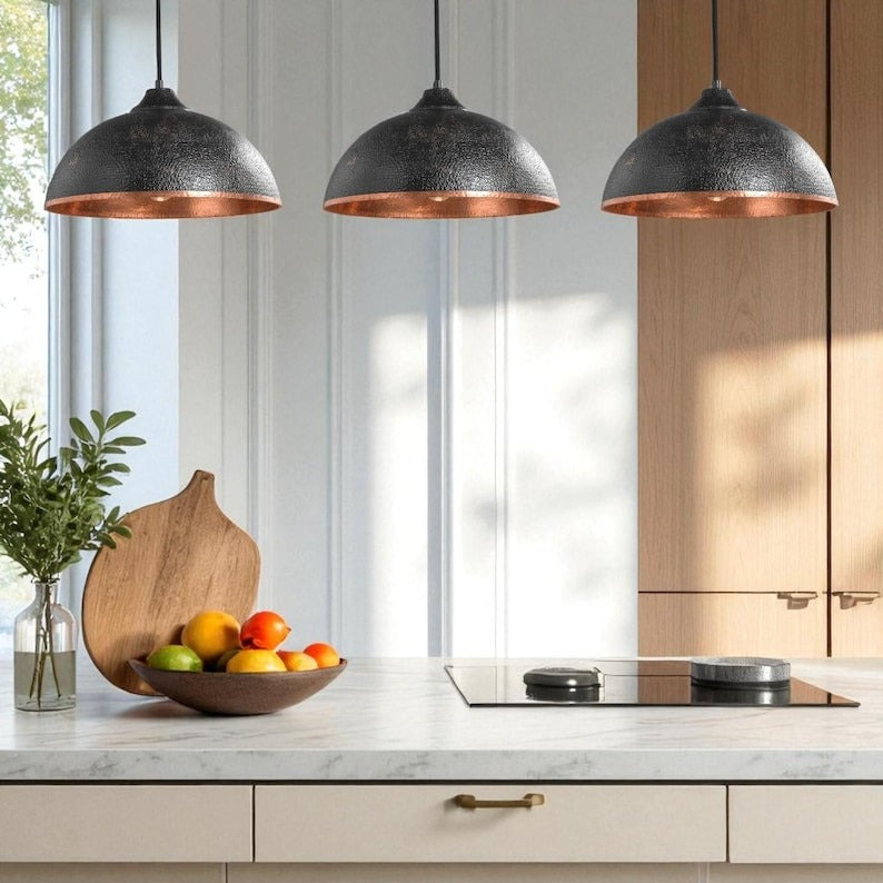 Moroccan Brass Black Hammered Dome Pendant Light, Handmade Brass Copper Interior Hanging Lamp, Rustic Boho Kitchen Island Chandelier, Modern Farmhouse Ceiling Light Fixture