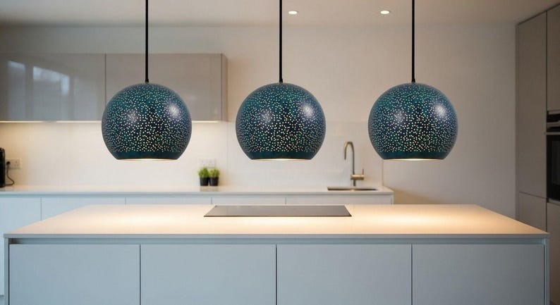 Handmade Moroccan Brass Dome Pendant Light – Perforated Dark Blue Brass Hanging Lamp with Gold Interior, Boho Starry Ceiling Light for Kitchen Island, Dining Room, Bedroom, Entryway & Living Room