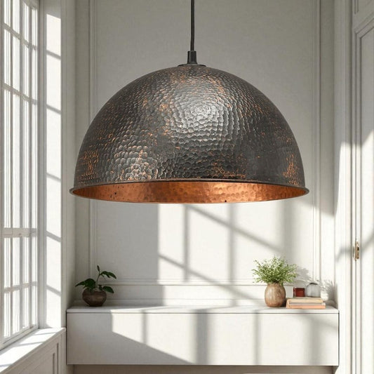 Moroccan Brass Black Hammered Dome Pendant Light, Handmade Brass Copper Interior Hanging Lamp, Rustic Boho Kitchen Island Chandelier, Modern Farmhouse Ceiling Light Fixture
