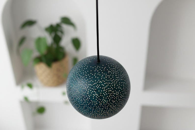 Handmade Moroccan Brass Dome Pendant Light – Perforated Dark Blue Brass Hanging Lamp with Gold Interior, Boho Starry Ceiling Light for Kitchen Island, Dining Room, Bedroom, Entryway & Living Room