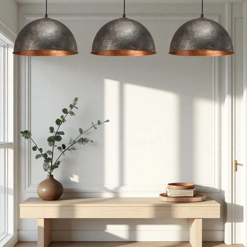 Moroccan Brass Black Hammered Dome Pendant Light, Handmade Brass Copper Interior Hanging Lamp, Rustic Boho Kitchen Island Chandelier, Modern Farmhouse Ceiling Light Fixture