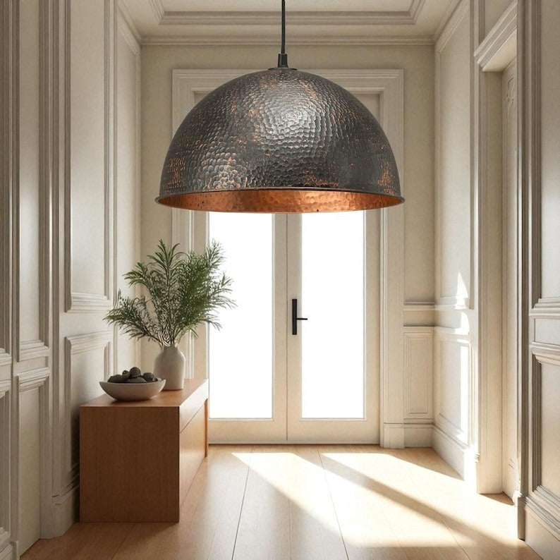 Moroccan Brass Black Hammered Dome Pendant Light, Handmade Brass Copper Interior Hanging Lamp, Rustic Boho Kitchen Island Chandelier, Modern Farmhouse Ceiling Light Fixture