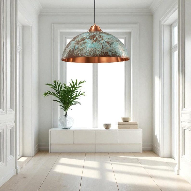 Moroccan Brass Turquoise Patina Dome Pendant Light, Handmade Copper Interior Brass Hanging Lamp, Boho Coastal Kitchen Island Chandelier, Rustic Antique Brass Ceiling Light Fixture