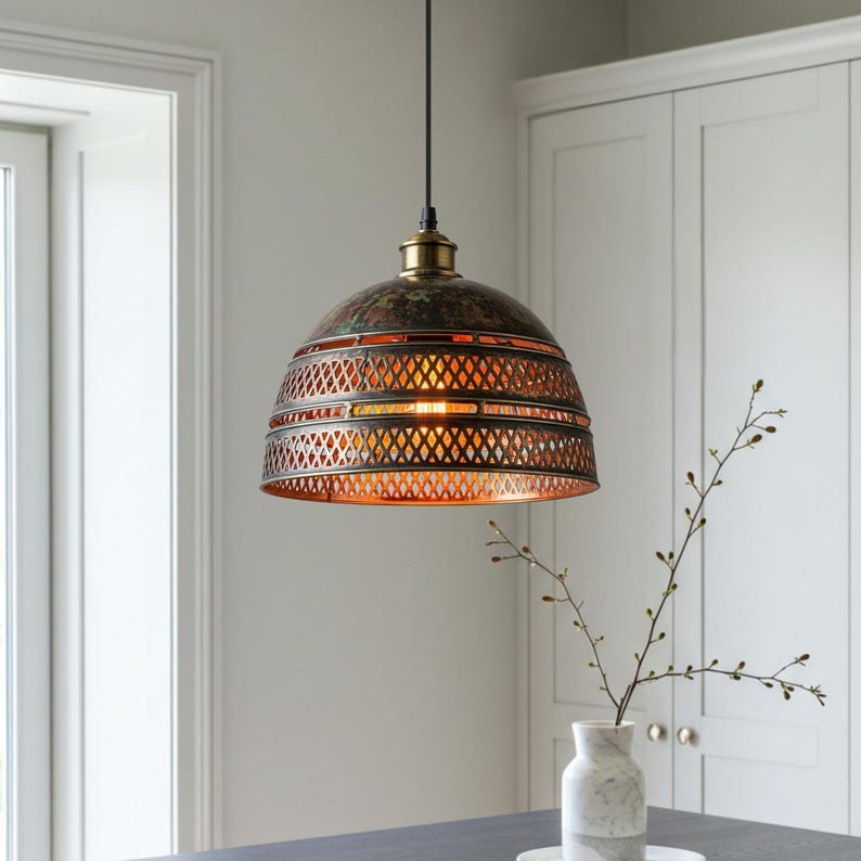 Pierced Brass Dome Pendant Light – Moroccan Lattice Kitchen Island Chandelier with Antique Patina Finish