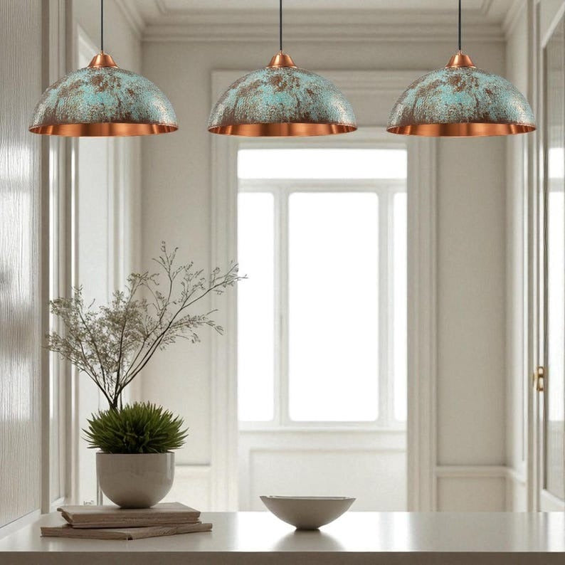 Moroccan Brass Turquoise Patina Dome Pendant Light, Handmade Copper Interior Brass Hanging Lamp, Boho Coastal Kitchen Island Chandelier, Rustic Antique Brass Ceiling Light Fixture