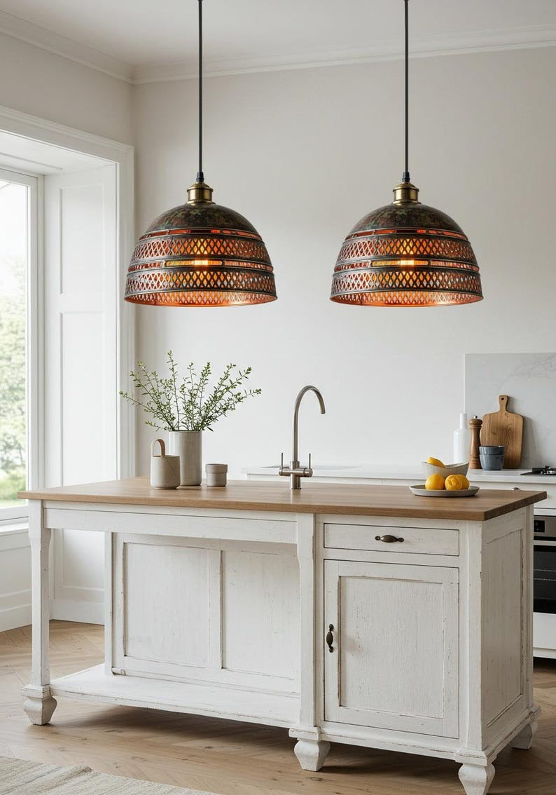 Pierced Brass Dome Pendant Light – Moroccan Lattice Kitchen Island Chandelier with Antique Patina Finish