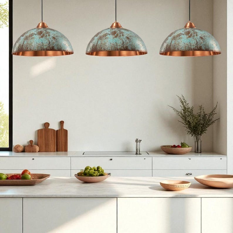 Moroccan Brass Turquoise Patina Dome Pendant Light, Handmade Copper Interior Brass Hanging Lamp, Boho Coastal Kitchen Island Chandelier, Rustic Antique Brass Ceiling Light Fixture