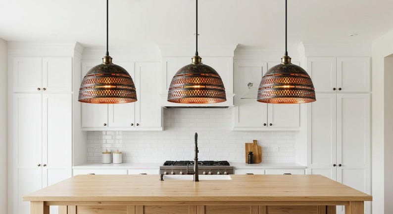 Pierced Brass Dome Pendant Light – Moroccan Lattice Kitchen Island Chandelier with Antique Patina Finish