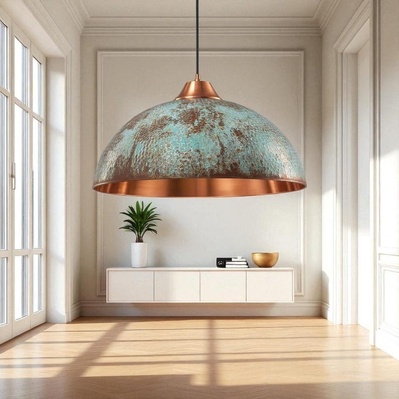 Moroccan Brass Turquoise Patina Dome Pendant Light, Handmade Copper Interior Brass Hanging Lamp, Boho Coastal Kitchen Island Chandelier, Rustic Antique Brass Ceiling Light Fixture